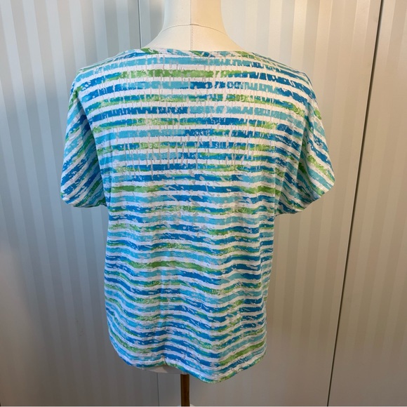 Alfred Dunner petite white blue green crossover stripes lattice lined tee Size L - Picture 4 of 12